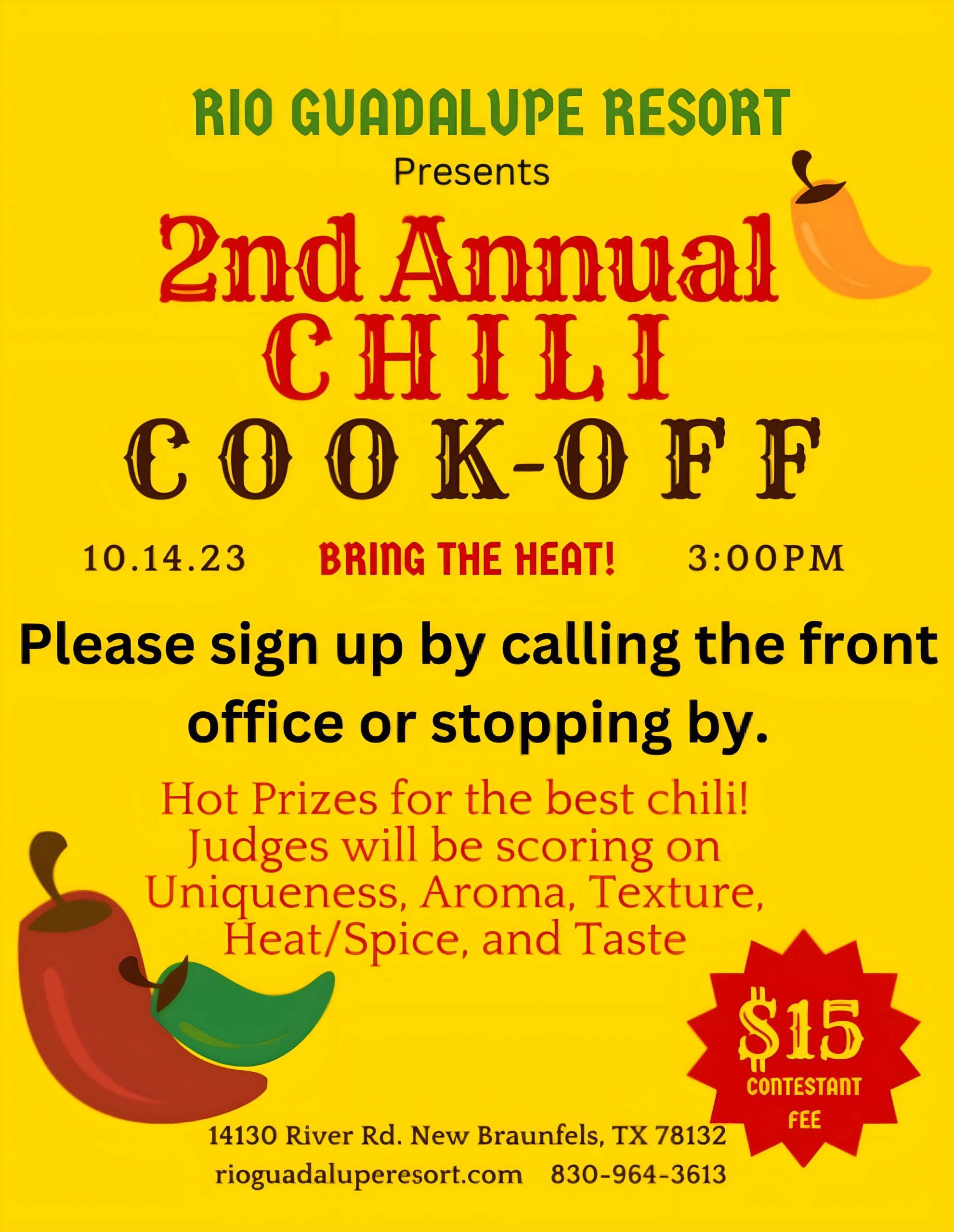 A colorful poster for the 2nd Annual Chili Cook-Off presented by Rio Guadalupe Resort. Join us on October 14, 2023, at 3:00 PM for a spicy Trick or Treat! The entry fee is $15 with prizes awarded for uniqueness, aroma, texture, heat/spice, and taste. Location and contact details are provided.
