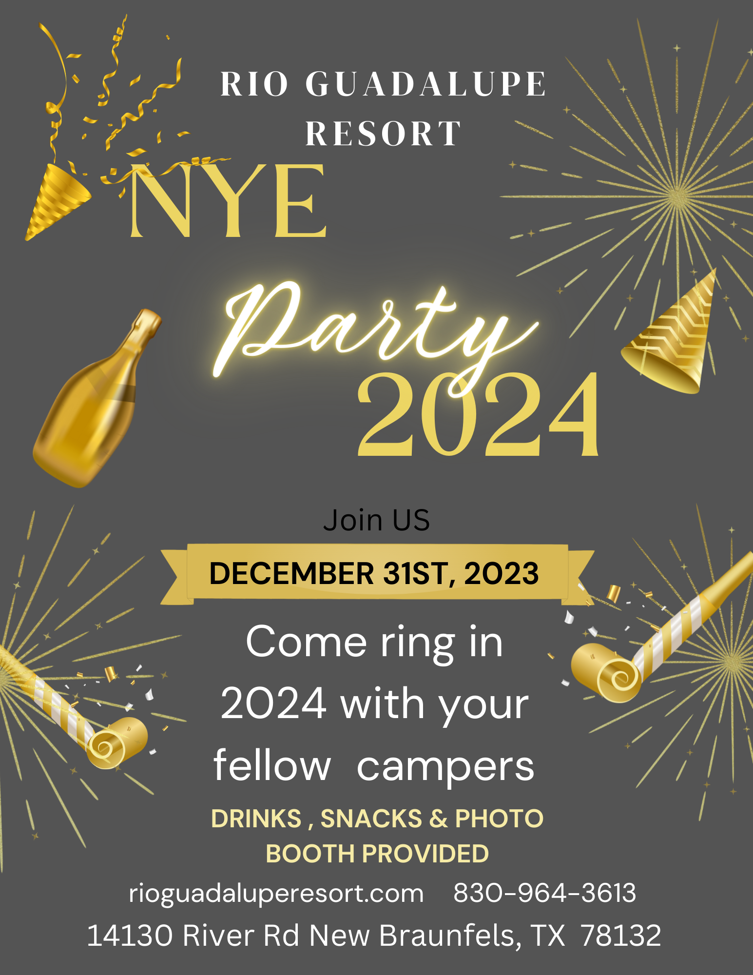 Festive New Year's Eve party flyer for Rio Guadalupe Resort. Includes event name "NYE Party 2024" and details like date (December 31st, 2023), activities (drinks, snacks, photo booth). Get ready to capture memorable pictures with gold party-themed elements: confetti, a balloon, and a noisemaker!