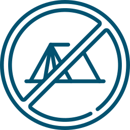 A blue icon of a tent inside a circle with a diagonal line through it, clearly signaling No Tents Allowed and that camping is prohibited.