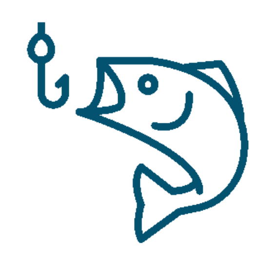 A simple blue line drawing of a fish with an open mouth facing a fishing hook, suggesting the act of fishing. The background is plain and light-colored.