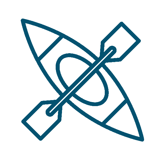 Simple blue line drawing of a kayak viewed from above with an oar placed diagonally across it.