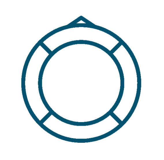 A simple blue outline illustration of a lifebuoy or life preserver, shown as a circle with four evenly spaced segments, on a light gray background.