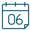 Simple blue outline of a calendar page showing the number "06" in the center, with a folded bottom-right corner, on a light background.