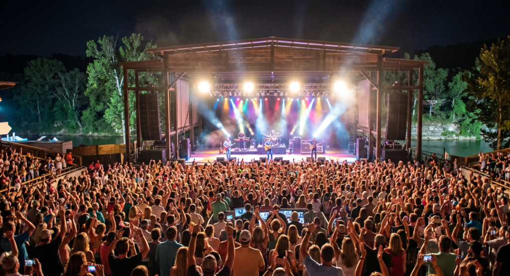 A large crowd attends an outdoor nighttime concert, facing a brightly lit stage with a band performing. Colorful lights shine onstage, and many audience members are taking photos or raising their hands. Trees are visible in the background.