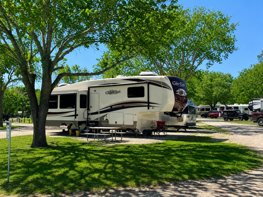 Large green sign for Rio Guadalupe Resort, advertising RV & cabins, Rio Tube Co., and Rio Anglers, stands by a road with trees, cars, and partly cloudy sky in the background.